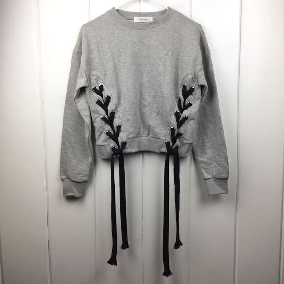 Storets Gray Sweatshirt Cropped Top Black Lace-Up Side, Size - Small - Picture 1 of 9